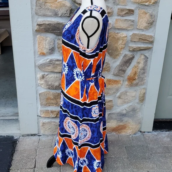VINTAGE CARIBBEAN GIRL USA DRESS L ORANGE BLUE SUNDRESS LONG BEACH - Picture 5 of 9